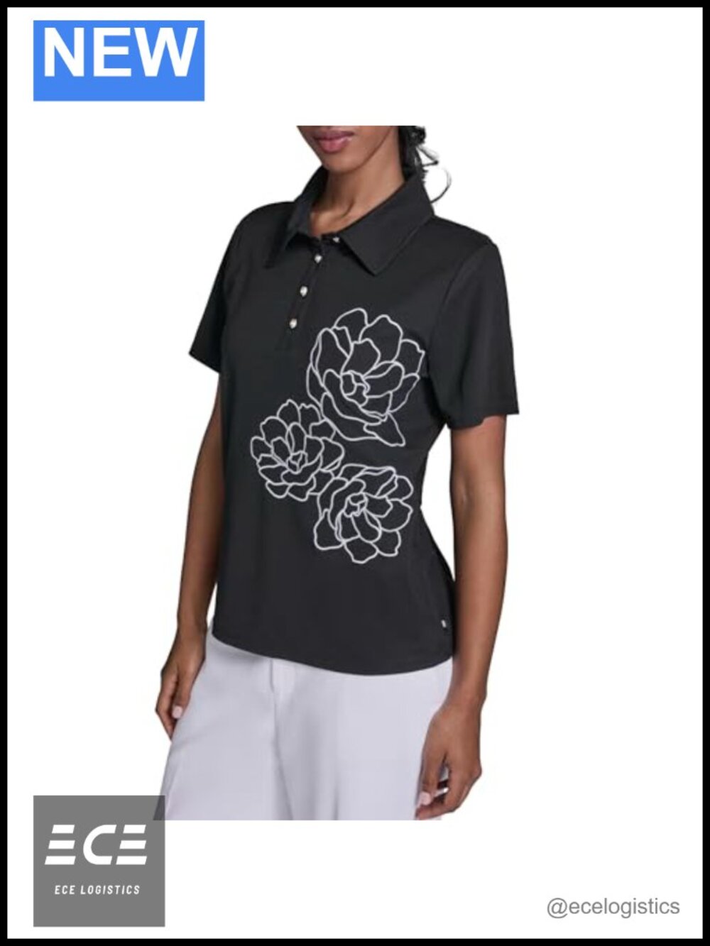 Floral Embroidery Polo Top Cap Sleeve Collared Shirt